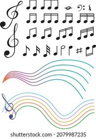 Musical symbols with wave lines on white background illustration