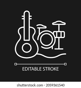 Musical talent white linear icon for dark theme. Playing musical instruments. Gifted musician. Thin line customizable illustration. Isolated vector contour symbol for night mode. Editable stroke