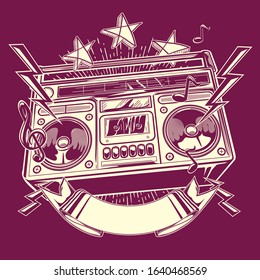 Musical tape recorder boom box monochrome funky emblem