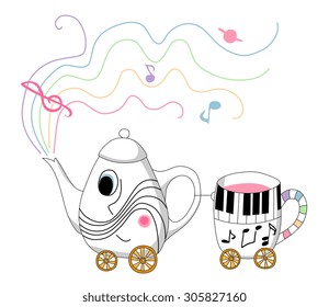 Musical teapot and cup train. Cute vector illustration. 