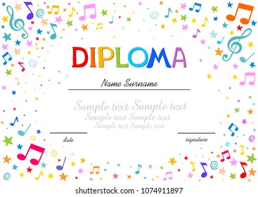 Musical template - Horizontal musical diploma. Colorful Frame with star and notes. Diploma template for kindergarten students, Certificate of kids diploma. Vector Illustration