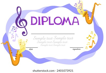 Musical template - Horizontal musical diploma. Colorful Frame with saxophone and notes. Diploma template for kindergarten students, Certificate of kids diploma. Vector Illustration