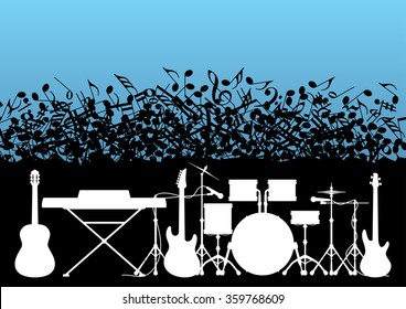 Musical template: rock instruments - guitar, piano; drum; trumpet on the background of the falling notes in vector