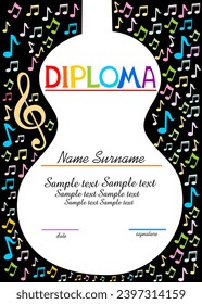 Musical template. Vertical musical diploma. Certification template with musical instruments. Best for music shop, music blog, music store. Concept design diploma education. Flat vector