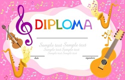 Musical Template.Horizontal Musical Diploma. Certification Template With Musical Instruments. Diploma Termination Preschool Program Training Children. Official Document Educational Institution. Vector