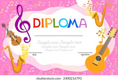 Musical template.Horizontal musical diploma. Certification template with musical instruments. Diploma termination preschool program training children. Official document educational institution. Vector