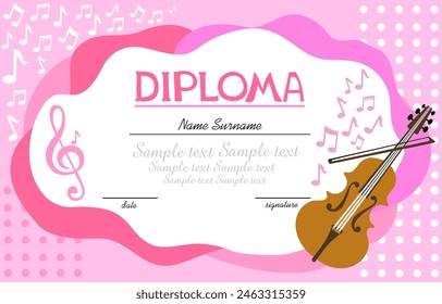 Musical template.Horizontal musical diploma. Certification template with musical instruments. Best for music shop, music blog, music store. Diploma termination preschool program training children. 
