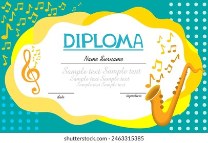 Musical template.Horizontal musical diploma. Certification template with musical instruments. Best for music shop, music blog, music store. Diploma termination preschool program training children. 