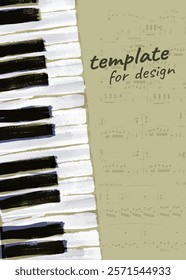 Musical texture background. Piano keys, notes and paint strokes. Vintage pastel background with piano, sheet music and paint strokes. Vector template.