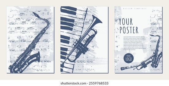 Musical texture backgrounds. Set of vintage background templates with trumpet, saxophone, piano keys and sheet music. Abstract brush strokes with paint texture. Vector. 