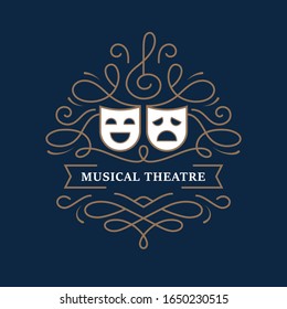 Musical theatre mono line design with comedy and tragedy masks. Drama school or modern theatrical performance banner, poster, emblem. 