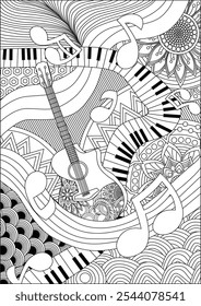 Musical theme coloring book guitar piano melody art therapy vector