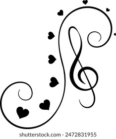 Musikalisches Thema. Dekorative Locke mit Höhen-Schlüssel und Herzen. Musikalische Note, kleines Tattoo, Druck für Kleidung. 
