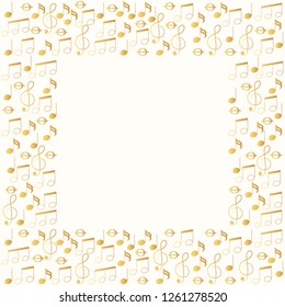 Musical theme golden square frame with gold notes and clef border. Music foil background. Vector isolated element.