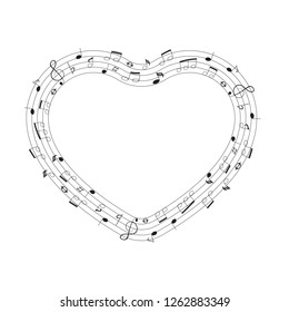 Musical theme heart shape frame with foil notes and clef. Music border. Vector isolated element.