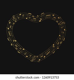 Musical theme heart shape golden frame with foil notes and clef. Music gold border. Vector isolated element.