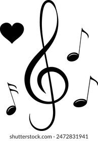 Musical theme. Large treble clef, heart and notes.  Musical note, small tattoo, print for clothing.