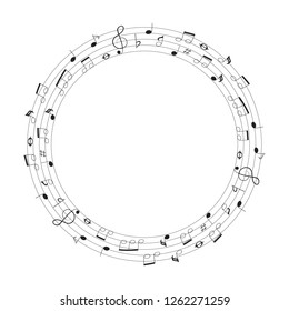 Musical Theme Round Frame With Notes And Clef. Music Border. Vector Isolated Element.