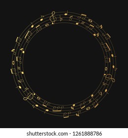 Musical theme round golden frame with foil notes and clef. Music gold border. Vector isolated element.