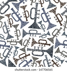 Musical theme seamless background with trumpets, seamless pattern, vector illustration with hand drawn lines textures.