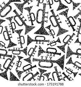 Musical theme seamless background with trumpets, seamless pattern, vector illustration with hand drawn lines textures.