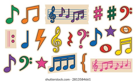 Musical theme sticker set with a colorful doodle style, treble clefs, bass clefs, quarter notes, stars, and rhythm symbols.