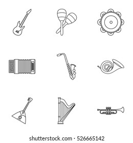 Musical tools icons set. Outline illustration of 9 musical tools vector icons for web