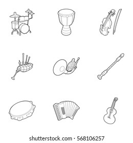 Musical tools icons set. Outline illustration of 9 musical tools vector icons for web