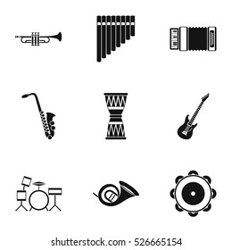 Musical tools icons set. Simple illustration of 9 musical tools vector icons for web