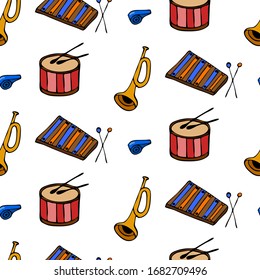 Musical toy for children. Vector hand draw seamless pattern isolated on white background