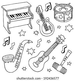 Musical toy instruments. Hand drawn. Vector illustration.