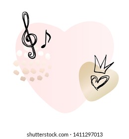 Musical treble clef, notes. Golden pink nude art frames. Gentle modern card design, brush stroke, gold, premium brochure, flyer, invitation template. Beauty identity elegant style. Hand drawn vector.