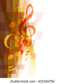 Musical treble key and musical notes and signs on wavy mosaic background. vector illustration