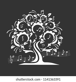 A musical tree with curls and notes. Vintage vector illustration.