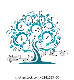 A musical tree with curls and notes. Vintage vector illustration.