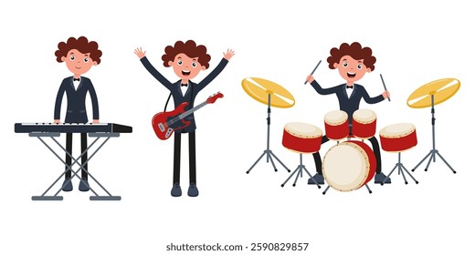 Musical trio featuring young musicians with keyboard, guitar, and drums in cheerful performance