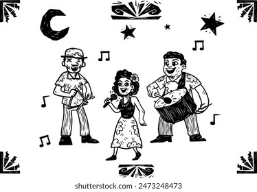 Musical trio of popular songs from northeastern Brazil. woodcut style illustration.