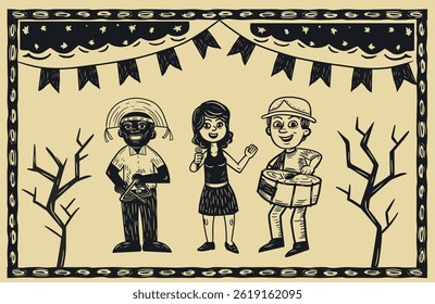 Musical trio in woodcut style and traditional literature from Northeast Brazil. Female singer, separate vectors