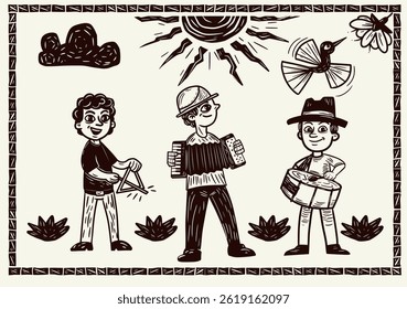 Musical trio in woodcut style and traditional literature from the Northeast of Brazil. Isolated vectors