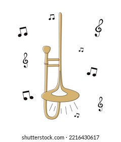 Musical trumpet. Melodies and notes. Vector stock illustration. White background. isolated. Acoustic Orchestra. Sound. Classical opera and performance.