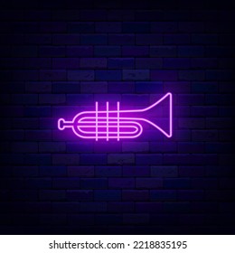 Musical trumpet neon icon on brick wall. Concert item. Music store. Jazz concert. Night club badge. Light signboard. Outer glowing effect. Editable stroke. Vector stock illustration