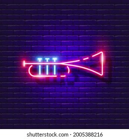 Musical trumpet neon sign. Music lesson Glowing icon. Music school symbol. Vector illustration for design. Musical instruments concept.