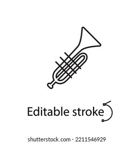 Musical trumpet outline icon. Concert item. Music store. Customizable linear contour symbol. Editable stroke. Isolated vector stock illustration