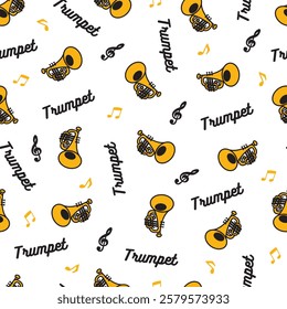 Musical Trumpets and Notes Pattern for Music Lover. Ideal for music-themed projects, fabric prints, gift wraps, digital wallpapers, and creative designs celebrating music.