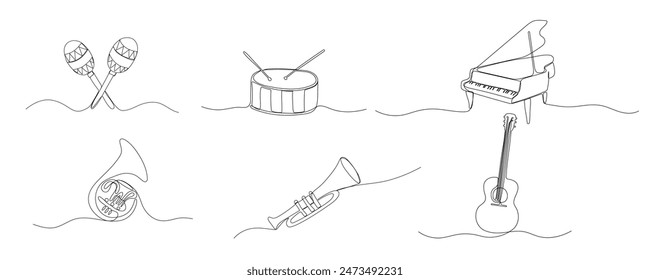 Musical tuba one line, guitar, grand piano drawing, classic instruments set. Continuous illustration. Vector outline black sketch collection