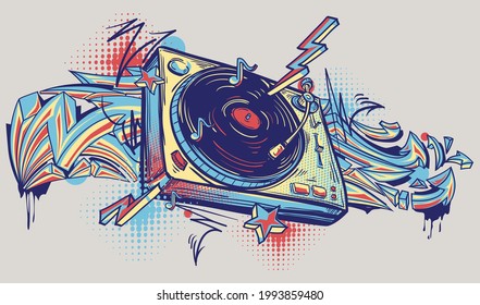 Musical turntable and graffiti arrows, colorful funky music design