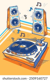 Tocadiscos musicales y altavoces dibujados coloridos diseño de música funky