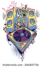 Musical turntable and speakers with graffiti arrows, colorful funky music design