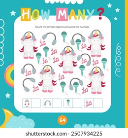 Musical Unicorn activities for kids. How many. Count the number of objects. Vector illustration. Book square format. Math game for learning counting.