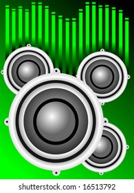 Ilustración de fondo vectorial musical con una serie de altavoces de audio en un fondo verde con barras de sonido ecualizadoras gráficas